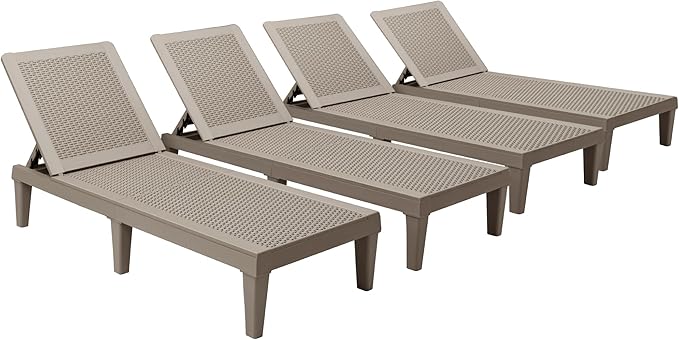 Devoko Outdoor Chaise Lounge Chair Set of 4 for Outside Pool Patio, Adjustable Waterproof Easy Assembly Chaise Lounge Outdoor (Light Brown, Set of 4)