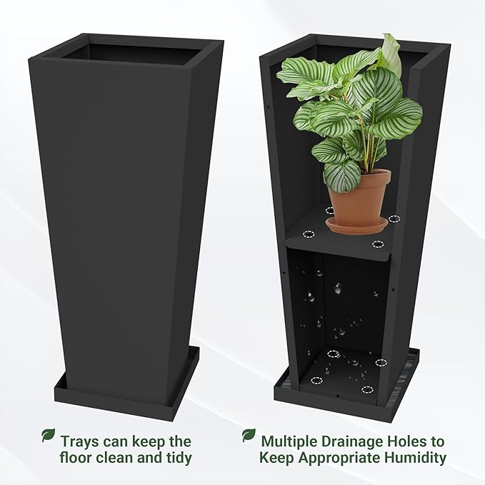 Tall Planters 30" H - 2 Pack, Tapered Pots with Drainage Insert Shelve & Trays, Metal Outdoor Planter Box for Porch, Garden, Patio, Yard (Black)