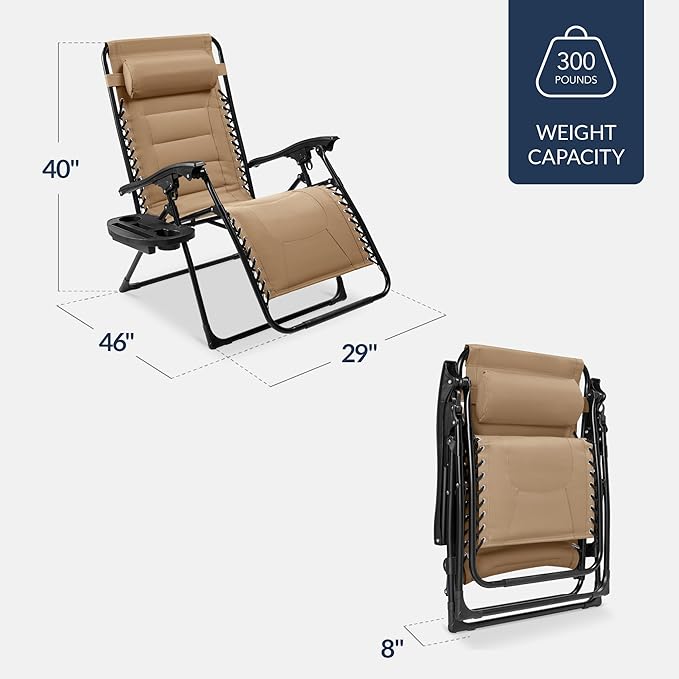 Best Choice Products Oversized Padded Zero Gravity Chair, Folding Outdoor Patio Recliner, XL Anti Gravity Lounger for Backyard w/Headrest, Cup Holder, Side Tray, Polyester Mesh - Beige