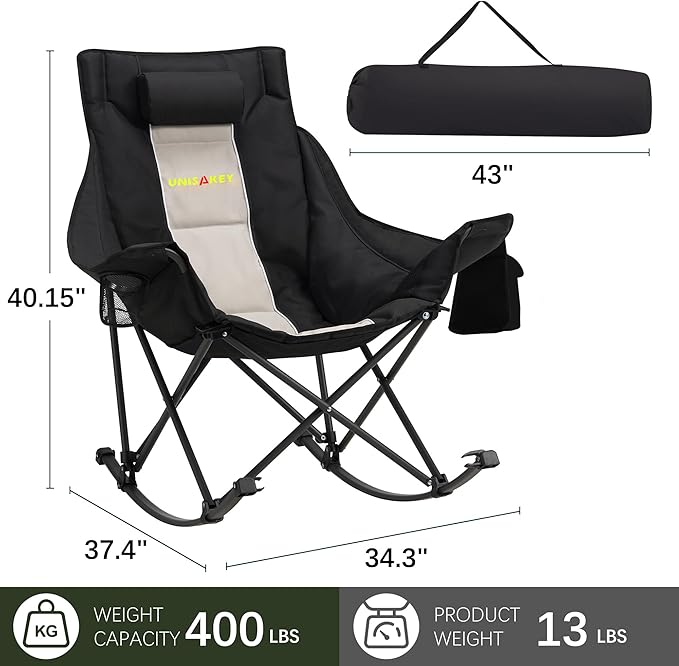 Oversized Rocking Camping Chair with Headrest & Cup Holder - 400lbs Capacity, 600D Oxford Fabric, Easy Fold Portable Outdoor Rocker Chair for Camping, Backyard, Beach, Light Gray