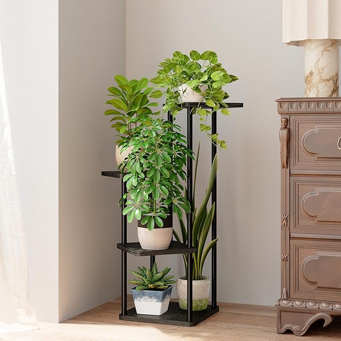 Bamworld Small Plant Stand Indoor 4 Tier Metal Plant Shelf for Multiple Plants Corner Flower Stand for Patio Garden Balcony Living Room Bedroom Dark brown