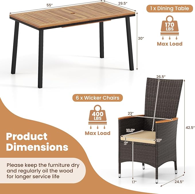 Tangkula 7 Pieces Rattan Outdoor Dining Set for 6, Outdoor Acacia Wood Table Set with 6 Cushioned Wicker Chairs, Umbrella Hole, Patio Dining Furniture Set for Deck Pool Backyard