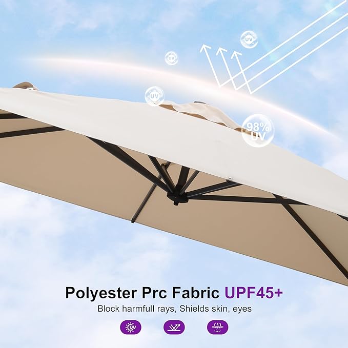 PURPLE LEAF 8' X 8' Patio Umbrella with Steel Plate Base for Pool 7' High Offset Outdoor Cantilever Umbrella Swimming Pool Umbrella with 360°Rotation for Poolside Beige