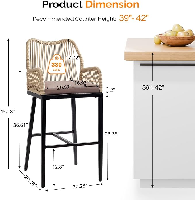 VINGLI Outdoor Bar Stools Set of 2, Heavy-Duty Outdoor Barstools Boho Woven Patio Bar Stools with Backrest, Patio Garden Balcony Pool Bar Chairs with Cushions (Apricot)
