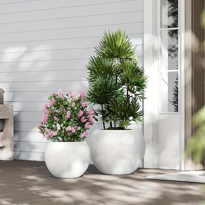 13.5 H x 17" Dia (12" Pot Opening) Round Fiberstone Planter with Drainage Hole, White, Indoor/Outdoor Large Plant Pot for Home Patio Garden, Ideal for Large Plants