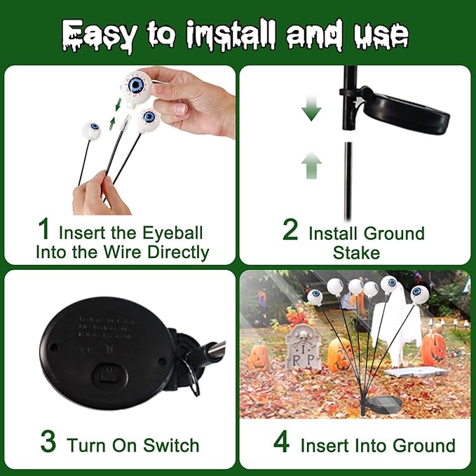 Halloween Solar Lights Outdoor Waterproof Solar Scary Eyeball Lights, 2 Pack Green Eyeball Swaying Firefly Lights, Solar Halloween Path Lights for Yard Garden Lawn Party Decor,