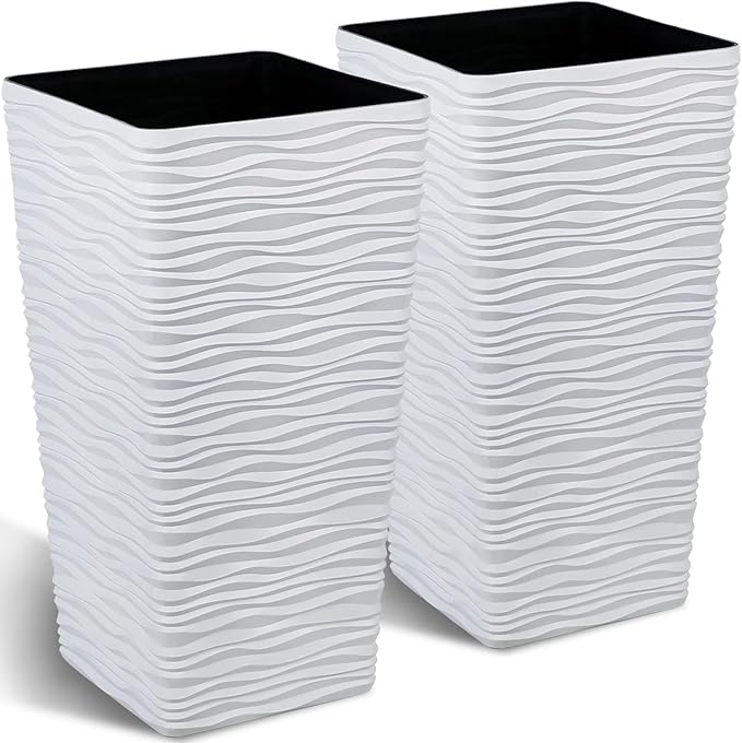 Worth Garden 22" Tall Planters Set of 2 - Plastic White Square Plant Pots with Drainage Hole - Modern Large Tapered Matte Wavy Tree Flower Pot for Indoor Outdoor Porch Deck