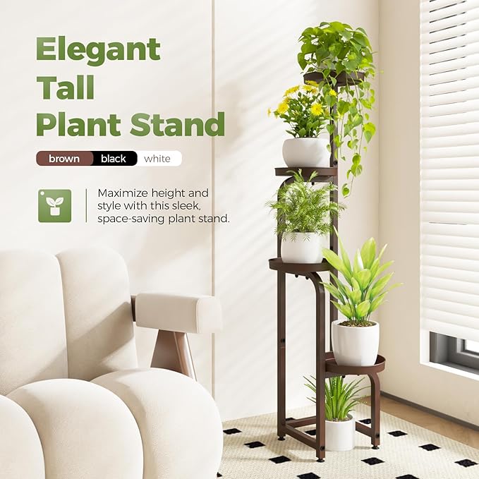 Bamworld Corner Plant Stand Indoor Outdoor, Tall Metal Flower Pot Stands for Multiple Plants, 4 Tier Brown Heavy Duty Plant Shelf for Patio Garden Balcony Living Room Bedroom(Patent Design)