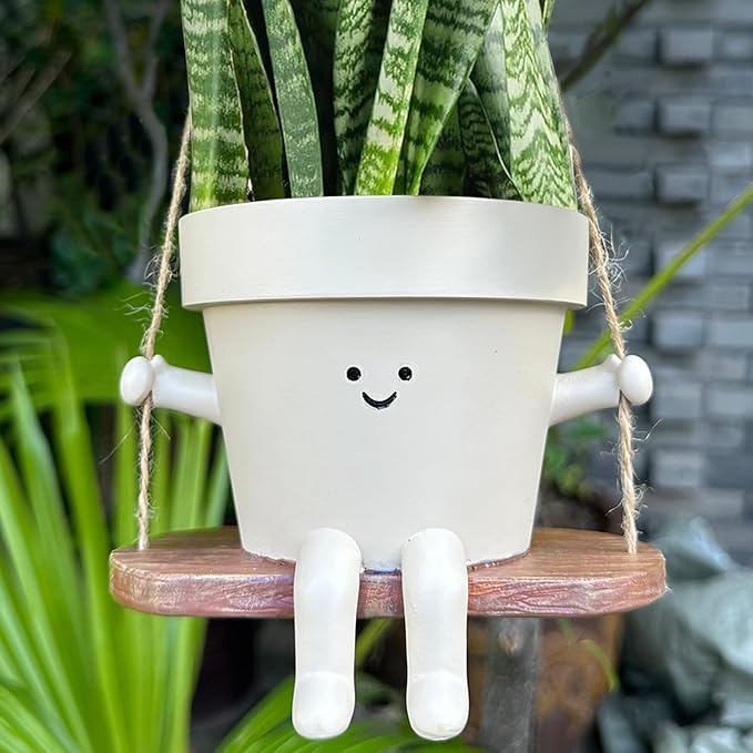 Hanging Planter Swing Face Plant Pot - Cute Resin Head Planters with Drainage Hole Indoor Outdoor Plant Holder, Succulent/String of Pearls Flower Pots, Unique Sitting Sway Pots, Gift Ideas for Mother