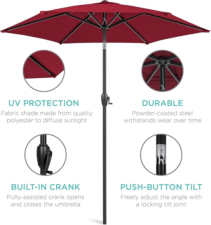 Best Choice Products 7.5ft Heavy-Duty Round Outdoor Market Table Patio Umbrella w/Steel Pole, Push Button Tilt, Easy Crank Lift - Burgundy