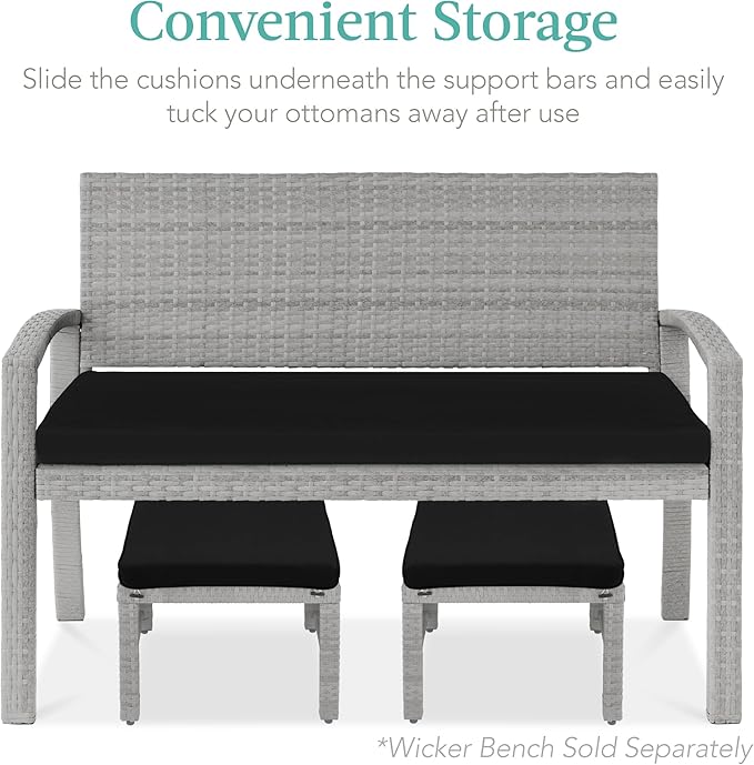 Best Choice Products Set of 2 Wicker Ottomans, Multipurpose Outdoor Furniture for Patio, Backyard, Additional Seating, Footrest, Side Table w/Removable Cushions, Steel Frame - Gray/Black