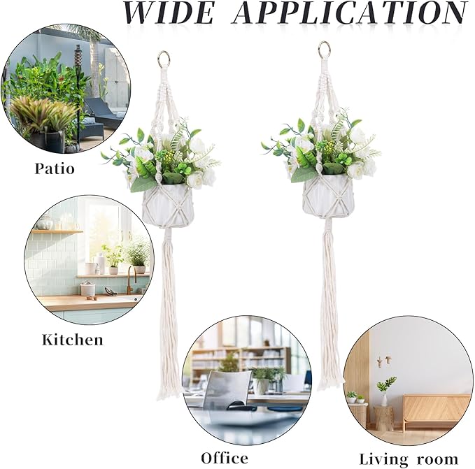 Sliverdew Macrame Plant Hanger, 2 Pack Boho Hanging Planters Baskets with Hooks, Crochet Braided Cotton Rope Flower Pot Holder for Indoor Outdoor Home Decor, No Tassels, Ivory, 20 Inches
