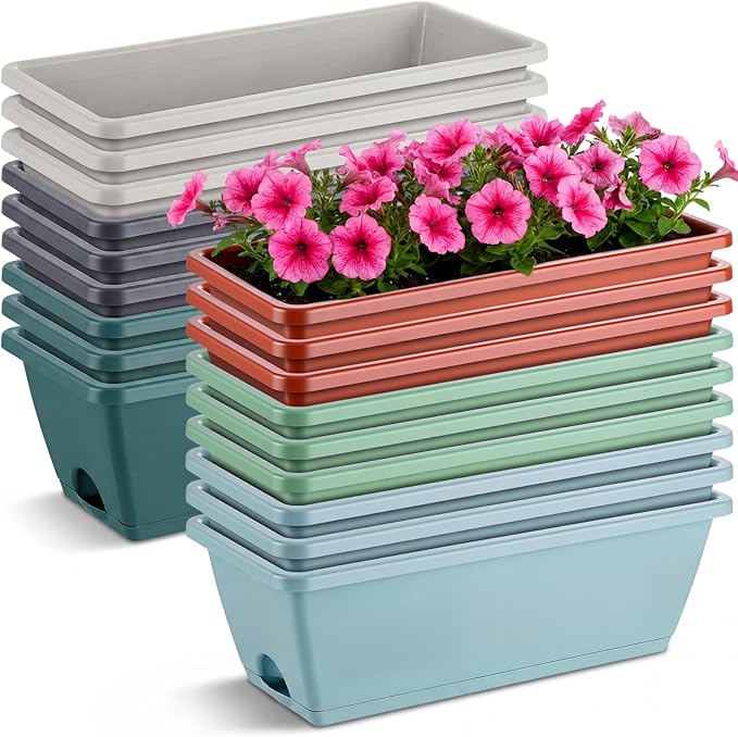 18 Pack Window Box Planter 17 Inches Rectangular Vegetable Flower Planters with Drainage Holes and Saucers Plastic Flower Pots Coloful Herb Planter for Indoor Outdoor Patio Garden Home Decor