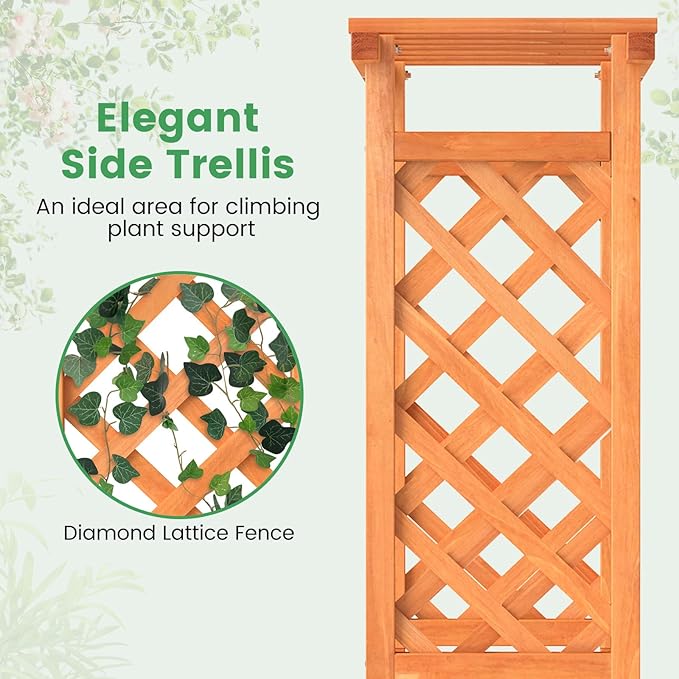 Giantex Raised Garden Bed with 2-Sided Trellis & Hanging Roof, Fir Wood Planter Box w/Drainage Holes, Bottom Gaps, Freestanding Garden Planter for Flowers Herbs Climbing Vines (31" x 12.5" x 60")