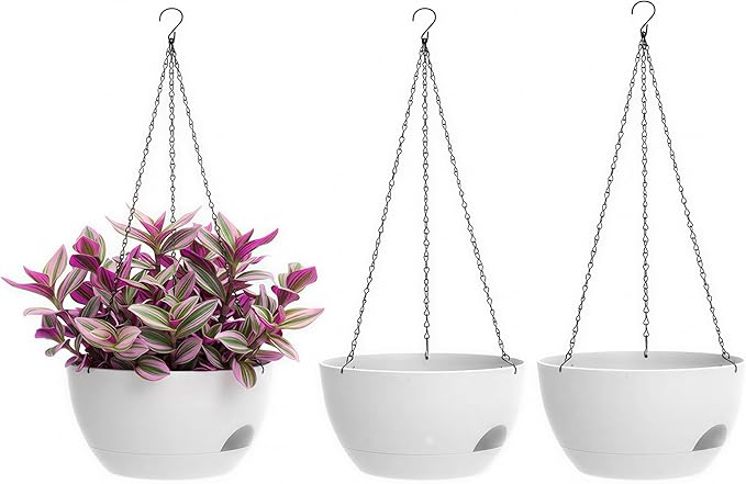 Hanging Planters 3-Pack, 8 Inch Self-Watering Hanging Pots with Drainage Hole and Chains, Plastic Planters for Indoor Outdoor（White）