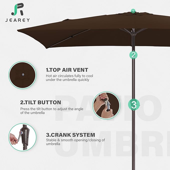JEAREY 6.5x10 ft Rectangular Patio Umbrellas Rectangle Outdoor Umbrella with Push Button Tilt and Crank, Market Table Umbrella 6 Sturdy Ribs UV Protection for Poolside Garden Backyard Deck, Brown