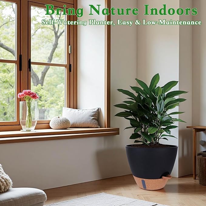Self-Watering Plant Pots for Indoor Plants: 8/10/12 Inch Large Plastic Planter with Water Level Indicator, Drainage Holes & Deep Reservoir, Modern Decorative Flower Pot (Black)