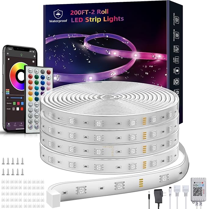 Outdoor Led Strip Lights Waterproof 198ft (2*99ft), Ip65 Outside Led Light Strip Waterproof with Remote and App Control, Exterior Led Rope Lights Music Syne RGB Strip Lights for Bedroom Decor