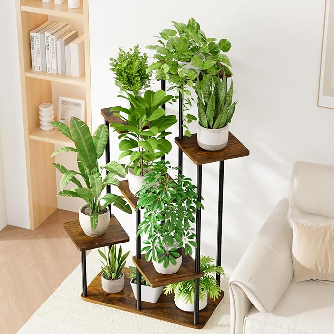 Bamworld Large Plant Stand Indoor 7 Tier Tall Metal Plant Shelf for Multiple Plants Tiered Flower Stand for Patio Garden Balcony Living Room Bedroom Brown