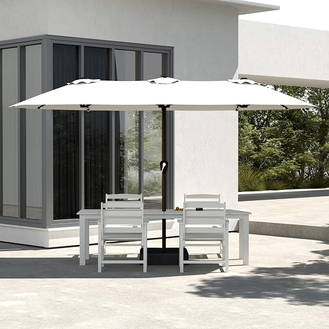 5-Piece White Outdoor Dining Set with White 15FT Large Patio Umbrella, 75.2'' HDPE Table & Chairs for 8, Weather-Resistant Furniture with Umbrella Hole for Patio, Lawn, Poolside