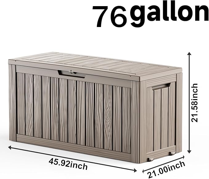 76 Gallon Outdoor Deck Box, Lockable Waterproof Outdoor Storage Boxes For Garden Tools,Indoor Cushions,Accessories Outside Storage Resin Weatherproof Container(Grey)
