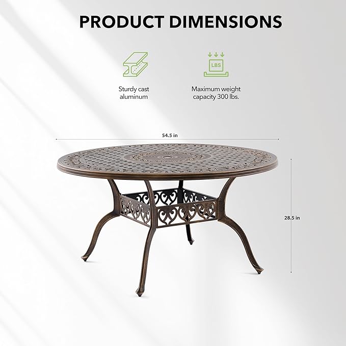 Outdoor Patio Dining Table - All-Weather Cast Aluminum 54.5" x 28.5“ Round Patio Table with 2" Umbrella Hole for Balcony Lawn Garden Backyard