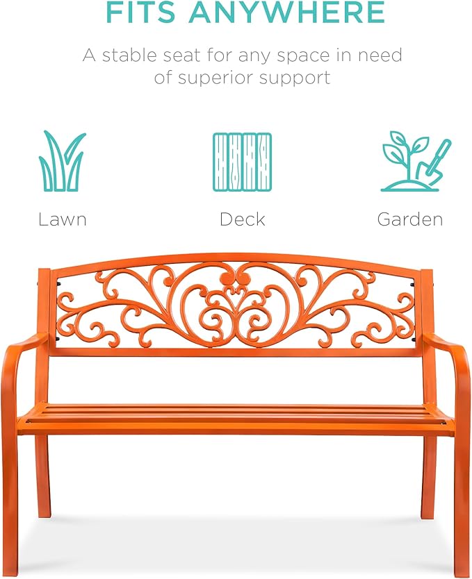 Best Choice Products Outdoor Bench Steel Garden Patio Porch Furniture for Lawn, Park, Deck w/Floral Design Backrest, Slatted Seat - Carrot