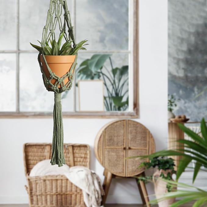 Artilady Macrame Hanging Planter for Indoor Plants, Boho Woven Plant Hanger Large Hanging Flower Pot Holders Outdoor Baskets Storage Green Wall Decor (Olive Green-2pcs)