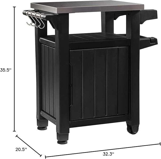 Keter Unity Small 40 Gallon Grill Prep Table and Storage Cart, Grey – BBQ Station with Wheels and Stainless Steel Top, Portable Serving Stand for Patio, Deck, and Backyard