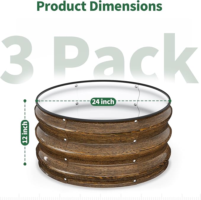 Kesfitt Round Metal Raised Garden Bed, 2x2x1 FT, 12-Inch Deep Galvanized Steel Garden Bed with Open Bottom for Vegetables & Herbs, Walnut Finish, 3 Pack