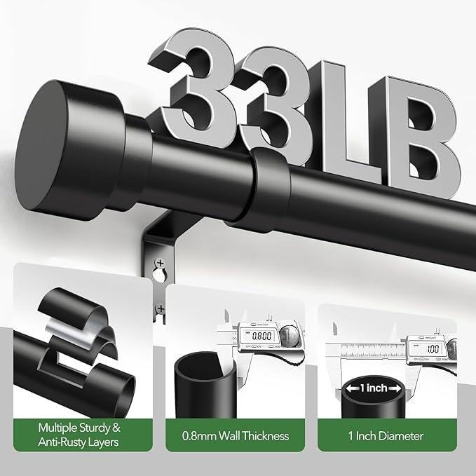 Time Forest Curtain Rods for Windows 32 to 240, 1 Inch Adjustable Black Heavy Duty Long Window Outdoor Curtain Rod for Patio, Modern Drapery Rods with Simple End Caps, Size 32"-240"