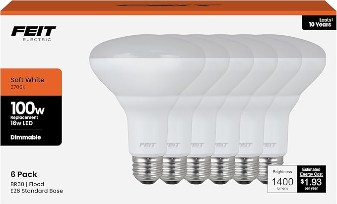 Feit Electric BR30 LED Light Bulbs, 100W Equivalent, Dimmable, E26 Standard Base, 80 CRI, 1400 Lumens, 2700K Soft White, 120V, 10 Years Lifetime, Damp Rated, 6 Pack, 100BR30DM82710KLED/6