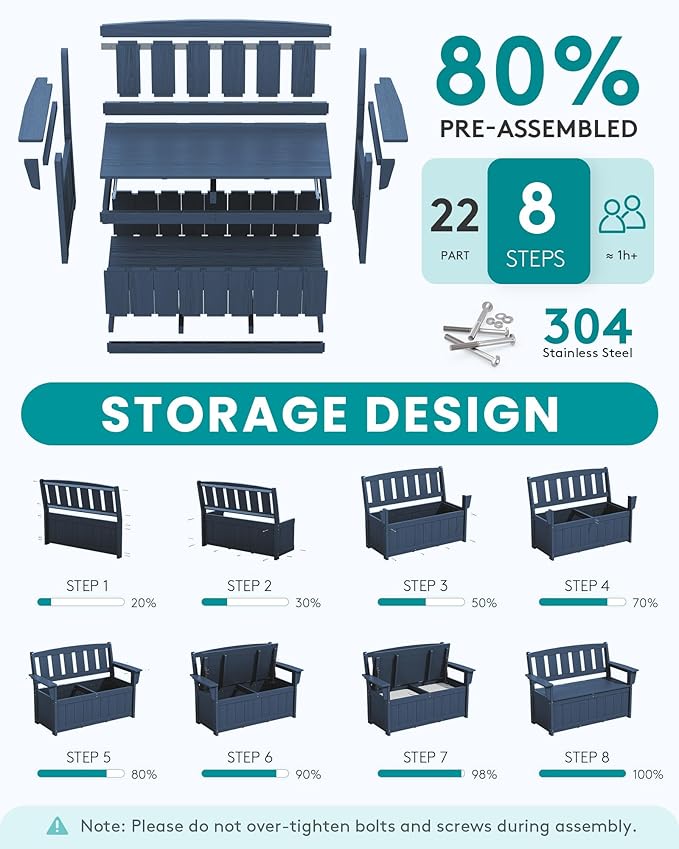 SERWALL HDPE Outdoor Storage Bench, All-Weather, UV-Resistant Deck Box with Waterproof Storage Bags, 57 Gallon Dual-Use Seat & Organizer Deck Boxes for Patio, Garden Tools & Pool (Navy Blue)