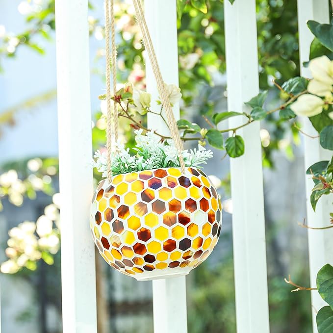 Hanging Planter Mosaic Garden Pot Small Flower Pot for Indoor Plant Disco Ball Hanging Planter with Drainage Yellow Bee