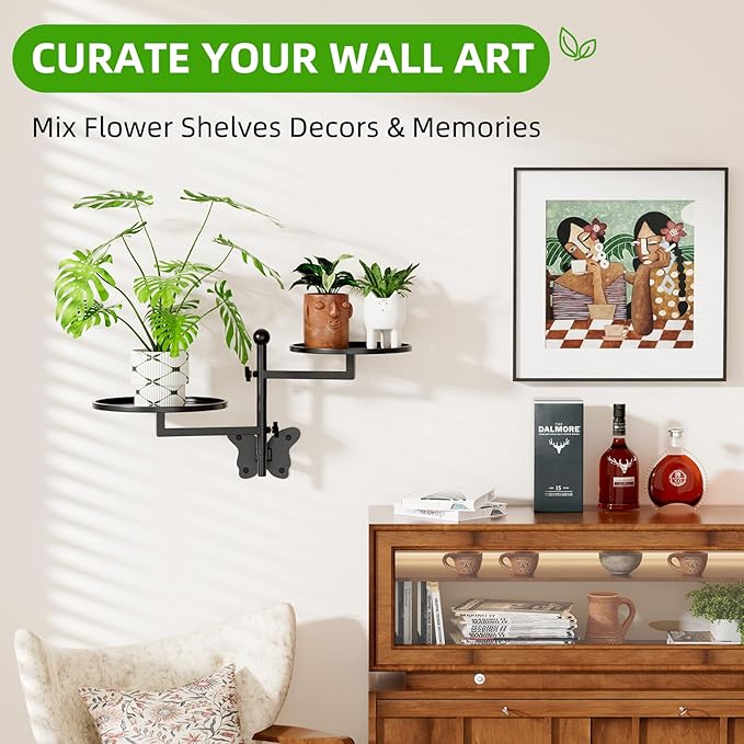 Rotating Window Wall Plant Shelves Indoor Wall Plant Stand Holder 2-Tier Floral Metal Window Shelf Holder for Multiple Plants Space Saving Pet Child Friendly Home Decor Layer Butterfly Design Black