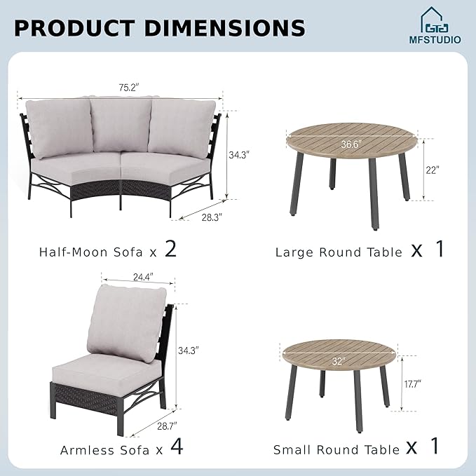 MFSTUDIO Patio Furniture Set, 8 Seats Half-Moon Curved Outdoor Sectional Sofa Conversation Set with 2 Wood-Like Round Table, Woven Rattan Patio Couch for Backyard, Garden, Deck