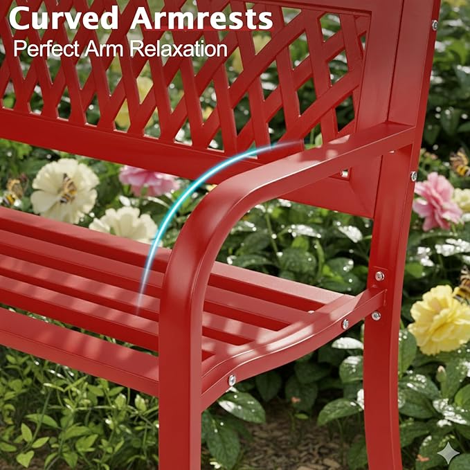 VINGLI 47'' Outdoor Bench, Weather Resistant Garden Patio Bench Powder Coated Iron Frame w/PVC Mesh Backrest Slatted Seat, 2-Person Outdoor Furniture for Front Porch Entryway Park (Red)
