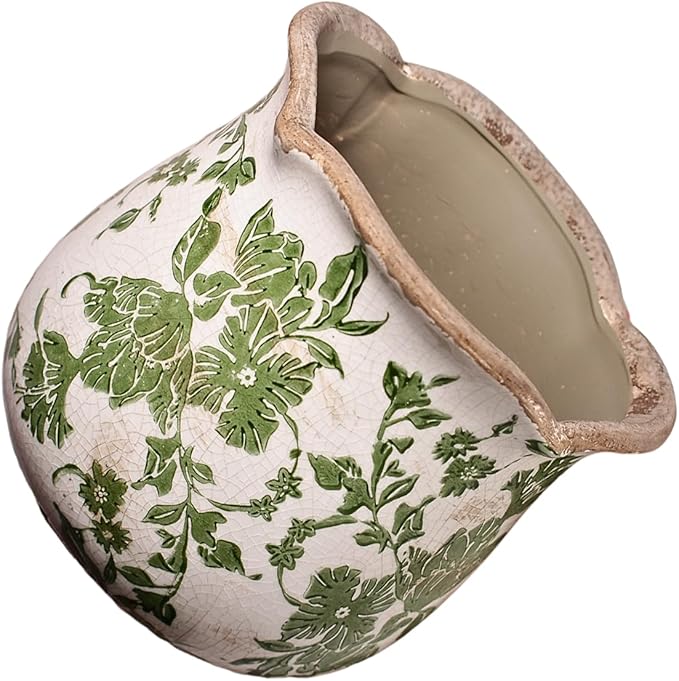Tuscan Ceramic Plant Pots, 6.11 Inch Vintage Planters with Drainage Hole for Indoor Plants, Farmhouse Green Scroll Vase & Flower Pots, Home Kitchen Garden Decor, Plant Lover Gifts