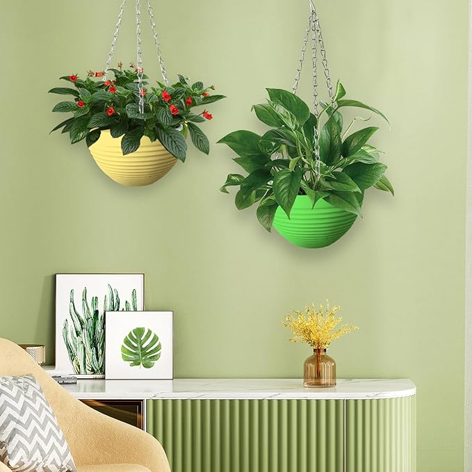 8 Pack 8 Inch Plastic Self Watering Hanging Planters,Colorful Hanging Basket Planter with Drainer and Metal Chain,Garden Flower Plant Pot Container for Indoor Outdoor Plants,8 Colors