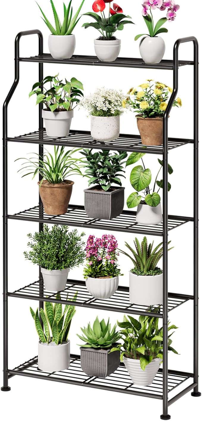 Kitsure Plant Stand Indoor & Outdoor - 5-Tier Metal Plant Shelf with Adjustable Leveling Feet, Easy to Assemble Planter Stand for Patio, Balcony, or Garden (Black, 27" x 11.4" x 53.9")