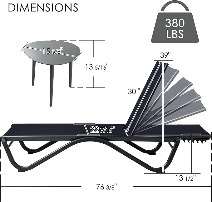 Kozyard Outdoor Chaise Lounge Chair, Full Aluminum Frame, Adjustable Reclining Patio Lounger for Poolside, Sunbathing & Backyard, Textilene (NavyBlue, 2Chairs + Table)