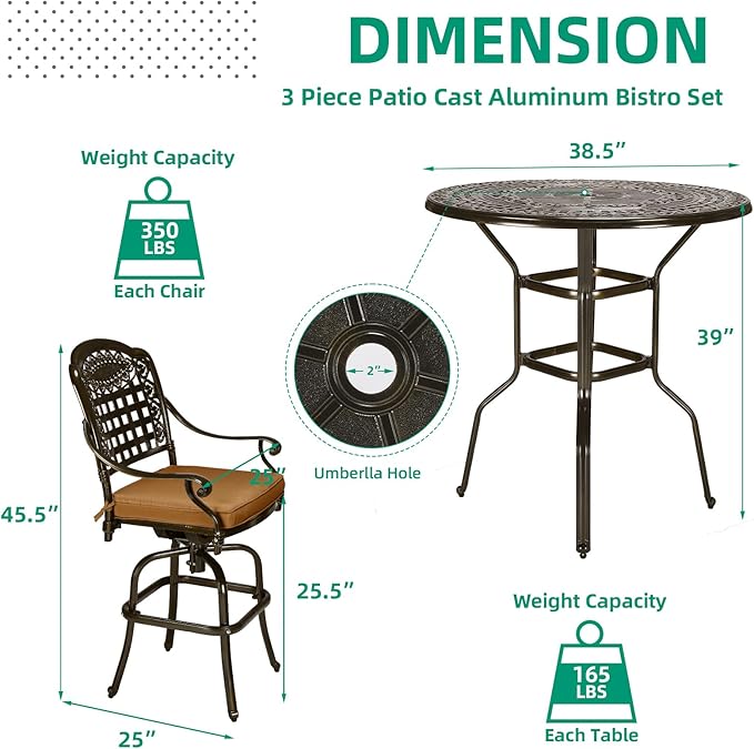 VIVIJASON 3-Piece Outdoor Swivel Bar Stools Set, All Weather Cast Aluminum Patio Bar Height Bistro Set with 2 Cushioned Bar Chairs & 38.5" High Bar Table w/Umbrella Hole for Backyard, Lawn, Garden