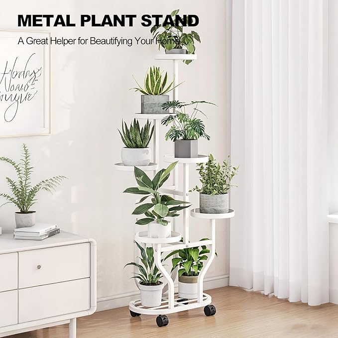 Plant Stand with Wheels 6 Tier Metal Flower Shelf for Indoor Outdoor Corner Multiple Plants Holder Rack for Bedroom Living Room Garden Balcony Yard White (White, 6 Tier)