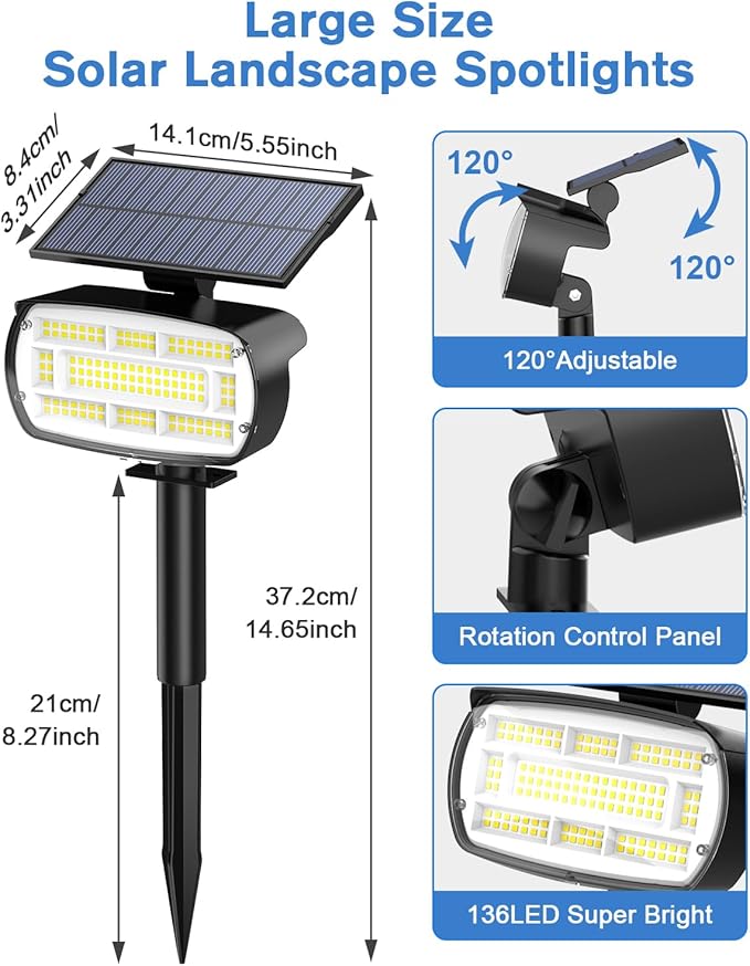 Fabrito Large Solar Spot Lights Outdoor 6 Pack, 1000 Lumens High Brightness, IP65 Waterproof Solar Spotlight with 136 LEDs, Dusk to Dawn Solar Landscape Lights for Yard, Garden, Pathway, Plants(White)