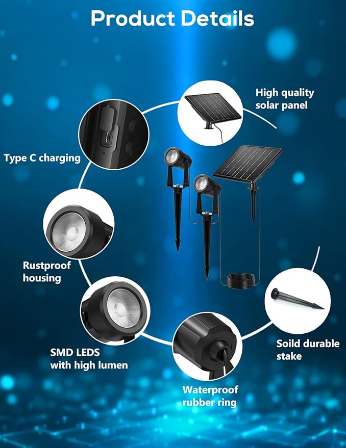 Zyan Solar Landscape Spotlights, Separate Monocrystalline Panels & USB-C Powered 16200mAh Auto On Off Dusk to Dawn, Outdoor IP65 Waterproof, Warm White for Yard Path Patio (100 Lumens × 12 Pack)
