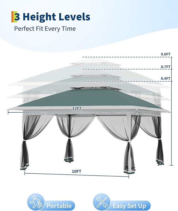 Canopy Tent 12x12 ft, Pop Up Gazebo One-Push Setup with 4 SandBags for Backyard Parties and BBQs, Mosquito Netting & Height Adjustable - Green