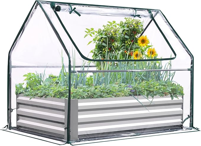 Quictent Raised Garden Bed with Cover Outdoor Galvanized Steel Planter Box Kit with Greenhouse Large Zipper Window Dual Use, 20pcs T-Type Tags & 1 Pair of Gloves Included 4x2.5x1 FT, Clear