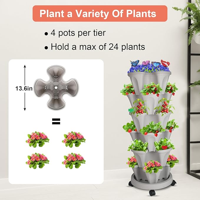 GameXcel Vertical Planter, 6 Tier Stackable Strawberry Planter with Garden Tool Set, Movable Indoor/Outdoor Garden Herb Pot for Growing Vegetables and Succulents, Gray