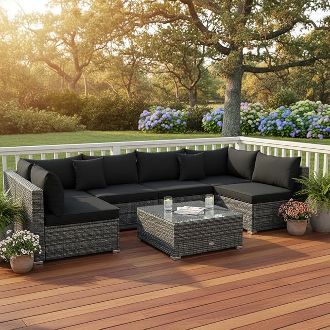 Tangkula 7 Pieces Patio Rattan Furniture Set, Patiojoy Outdoor Conversation Set with Cushions and Tempered Glass Coffee Table, All-Weather Sectional Sofa Set for Garden, Lawn, Backyard (Black)