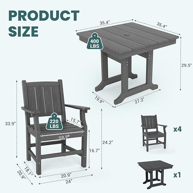 Pamapic 5 PCS Outdoor Dining Set, Spacious HDPE Outdoor Table and Chairs, Wood Grain Patio Furniture Sets with Elegant Armrest, All-Weather Patio Dining Table with Umbrella Hole, Gray